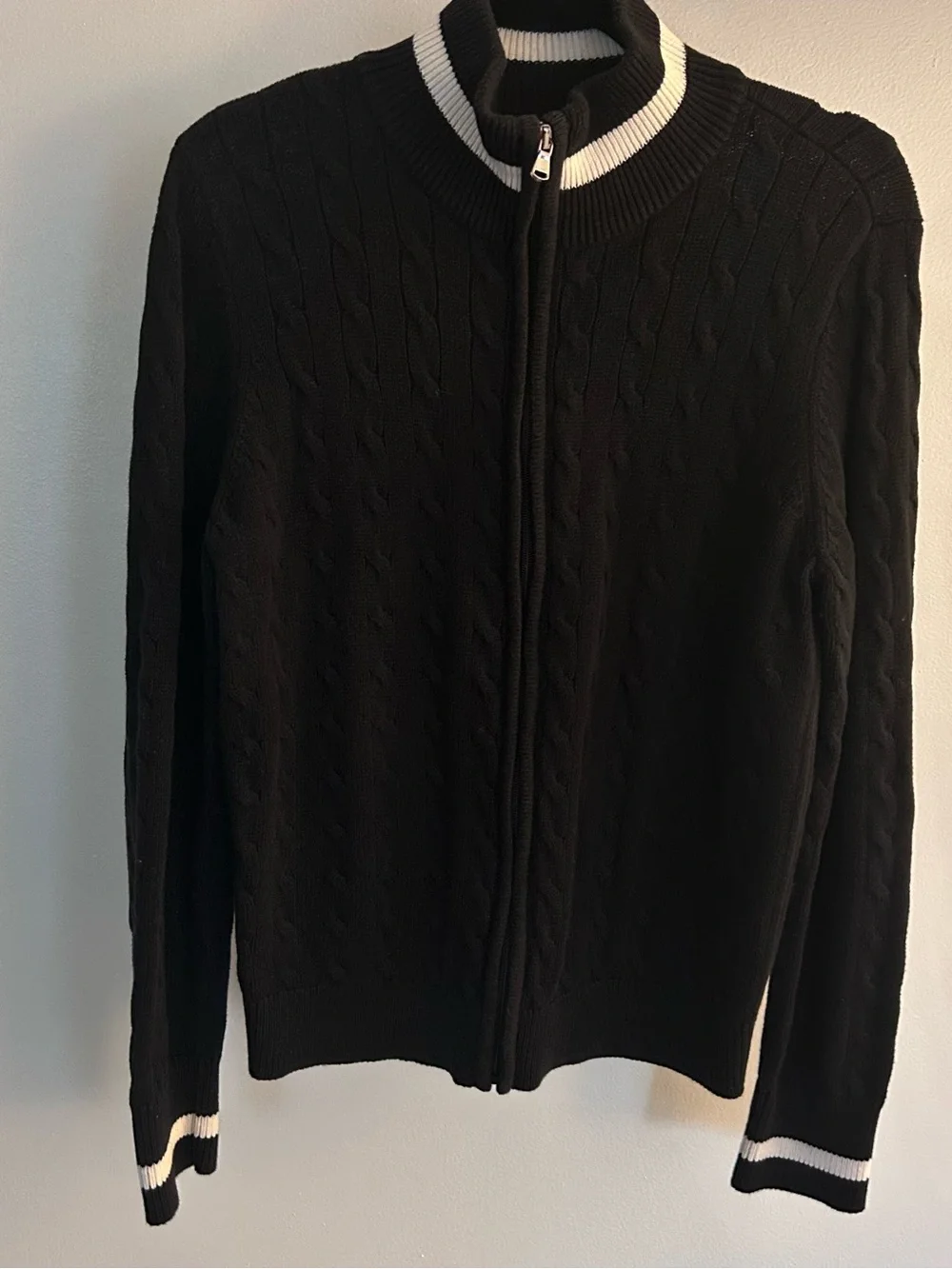 Ralph Lauren Black Knit Zip-Up Sweater with White Trim - Picture 1 of 4